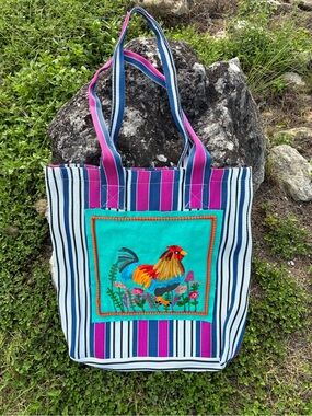 Karma Living Recycled Plastic Tote Bag Embroidered Rooster Colorful Striped Boho